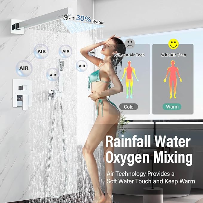 Shower Faucet Polished Chrome Shower System with 8 Inches Rain Shower Head and Handheld Spray Bathroom Luxury Rain Shower Faucet Set Complete Wall Mounted