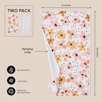 RECYCO Waffle Kitchen Towel Set of 2 - Quick Dry Microfiber Sustainable Dish Towels - Ultra Absorbent Reusable Cleaning Tea Towels - Lightweight Hand Towels,16”x 28”, Blossom Breeze