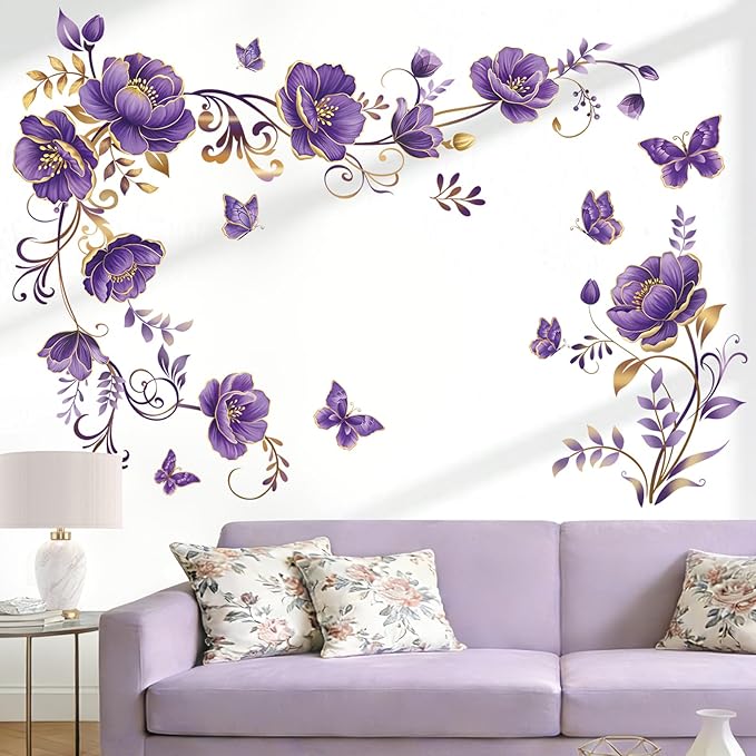 wondever Purple Gold Flowers Wall Stickers Flower Vine Butterfly Floral Peel and Stick Wall Art Decals for Sofa TV Background Living Room Bedroom