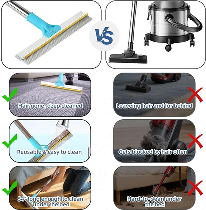 Carpet Rake for Pet Hair Removal - 54" Adjustable 2 in 1 Carpet Broom with Copper Rake Scraper & TPU Brush, Reusable Cat Dog Hair Remover Tool for Deep Cleaning Carpets, Rugs, Mats, and Stairs (Blue)