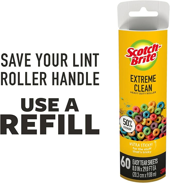 Scotch-Brite Extreme Clean Large Lint Roller Refills, 50% Stickier*, Heavy Duty for Removing Debris and Pet Hair on Clothes, Furniture, Cars, Offices & More, 4 Pack, 240 Adhesive Sheets Total
