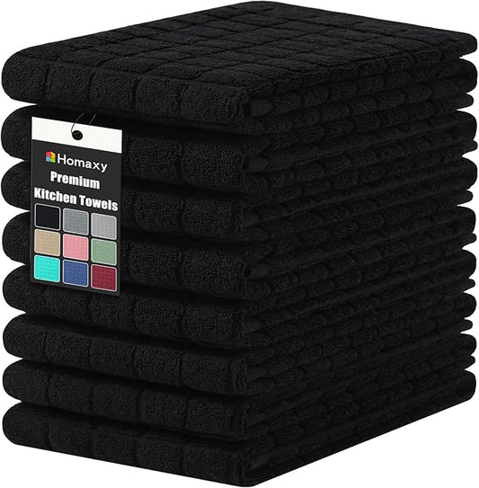 Homaxy Premium Cotton Kitchen Towels 16"x 28", Large Natural Ring Spun 390 GSM Dish Towels, Super Absorbent Terry Kitchen Hand Towels, Soft Tea Towels with Hanging Loop, Pure Black Design, 8 Pack