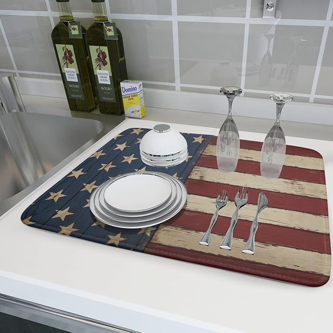 America Flag Star Stripes 4th of July Dish Drying Mat For Kitchen Counter Rustic Patriotic Independence Day Microfiber Absorbent Drying Mats Reversible Kitchen Countertop Drainer Pad 18x24 Inch
