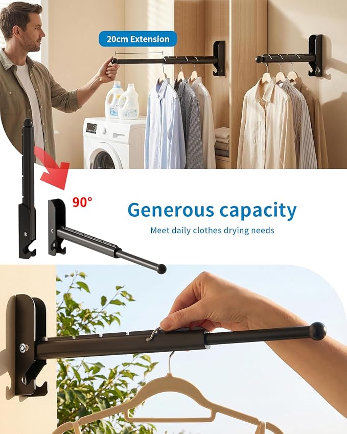 Wall Mounted Drying Rack 13" Foldable Clothes Hanger Black Pull-Out Clothes Drying Rod for Laundry, Closets, Rntryway (1, 13" Black)