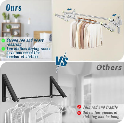 Foldable Wall Mounted Clothes Rack-Double 44'' Long Rod&2 Bases,Stainless Steel, Heavy Duty,Multi-Purpose for Space-Saving Garment Rack/Clothes Drying Rack/Plant Hanger (44 inches length X 2 rows)