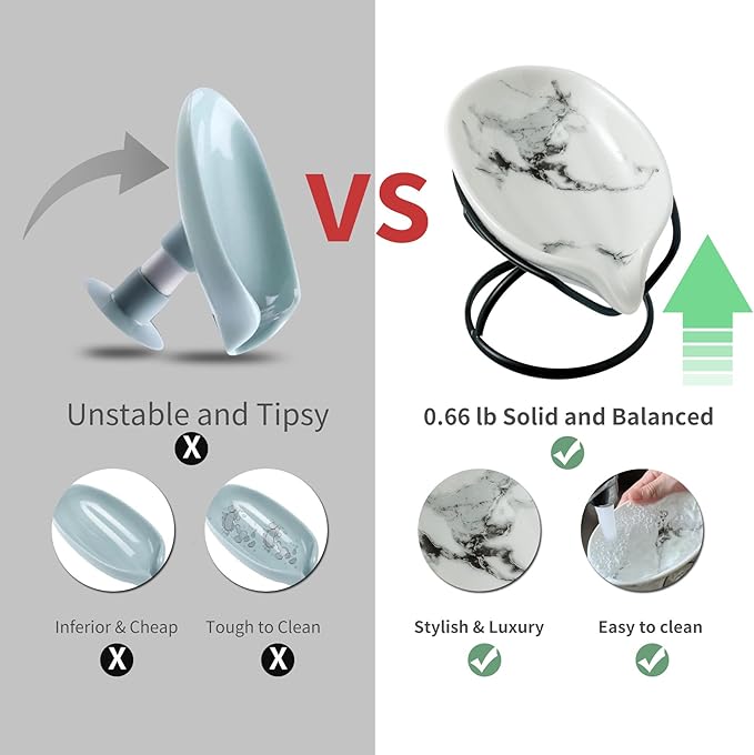 Dobbyby Leaf-Shaped Soap Dish – Ceramic Soap Bar Holder with Self-Drainage System – Bar Soap Holder for Shower, Bathroom Sink, Kitchen – Soap Dish with Stainless Steel Stand (White-Black-2 Pack)