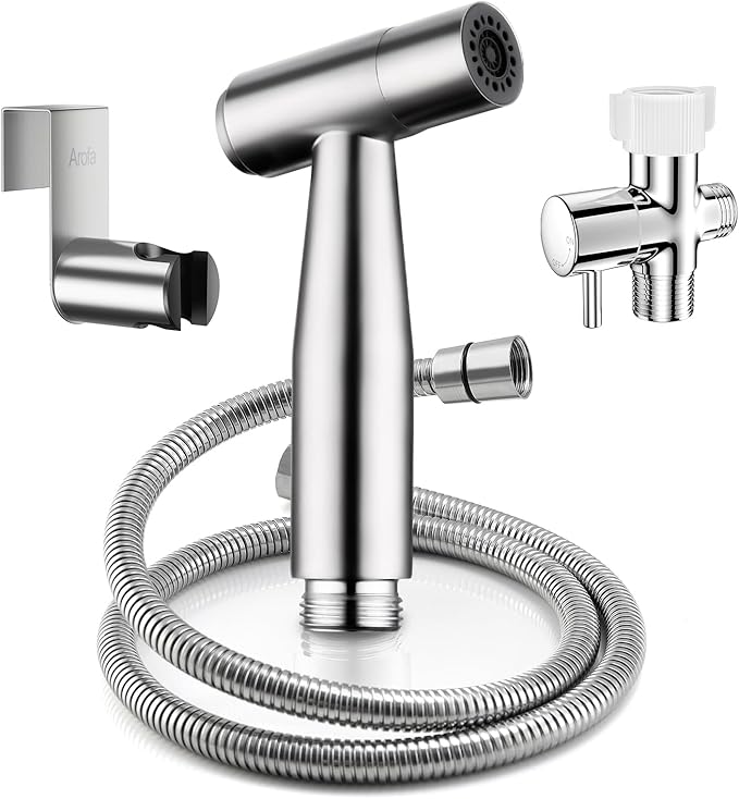 Arofa Hands-Free Handheld Bidet Sprayer for Toilet, Jet Spray Adjustable Water Flow Muslim Shower with Bidet Hose, Stainless Steel Toilet Faucet Kit for Baby Cloth Diaper Cleaning
