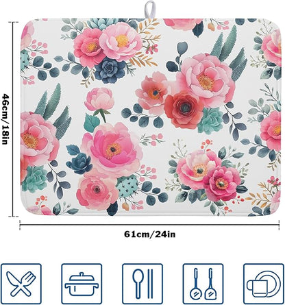 Spring Floral Dish Drying Mat for Kitchen Counter Spring Summer Flowers Kitchen Dish Drying Pad 18”x24” Absorbent Reversible Watercolor Flowers Dishes Drainer Pad Dish Drying Rack Mat for Countertop