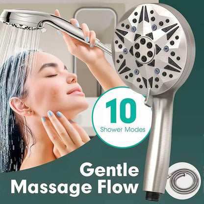 Filtered High Pressure Handheld Shower Head – 10 Spray Modes with Rain & Massage, Built-in Filter for Cleaner Water, Anti-Clog Nozzles, Power Rinse for Tile & Pets, Chrome Finish