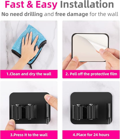 4 Pack Anti-Slip Broom Holder, Space-Saving, Damage-Free Wall Mount, Stainless Steel, Black