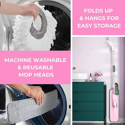 True & Tidy® Clean Everywhere Spray Mop Kit with 3 Interchangeable Heads & Refillable Tank - Flat, Round, Squeegee (Pink)
