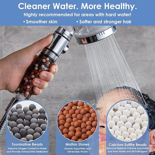 High Pressure Handheld Shower Head with Filter, Shower Head Kits with Hose and Bracket, Hard Water Softener Water Purifying Filtered Showerheads with Filter Beads