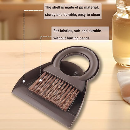 Round Handle Brush and Dustpan Set Small Broom & Dustpan Portable Handheld Sweeper for Desktop Sofa Floor Pet Nest (Coffee)