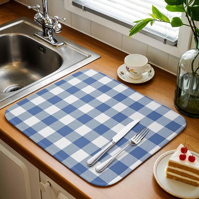 Dish Drying Mat Buffalo Plaid Blue Check Drying Mats for Kitchen Counter Farmhouse Style Absorbent Microfiber Dish Drainer Quick Drying Coffee Mat with Hanging Loop, 16 x18 inch