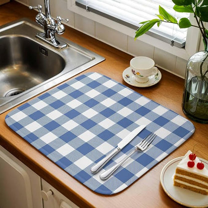 Dish Drying Mat Buffalo Plaid Blue Check Drying Mats for Kitchen Counter Farmhouse Style Absorbent Microfiber Dish Drainer Quick Drying Coffee Mat with Hanging Loop, 16 x18 inch