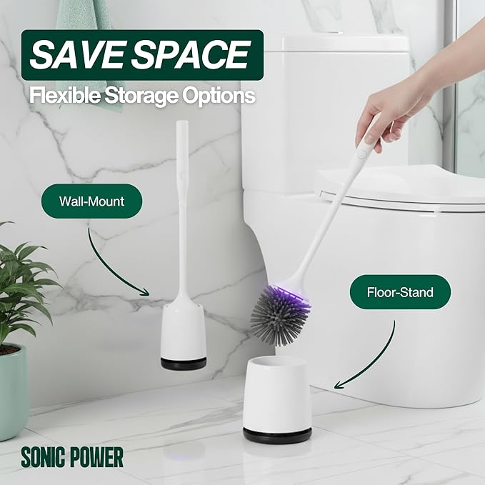 Electric Toilet Brush & Scrubber – Self Cleaning Silicone Toilet Bowl Brush with UVC Light, Rechargeable Wireless Spinning Toilet Brush & Holder Set, Wall Mount or Floor Standing (Pack of 1)
