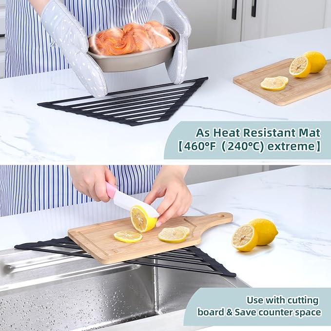 Corner Sink Caddy, Ohuhu Sponge Holder for Kitchen Sink Organizer Silicone Wrapped Steel Anti Slip Rust Triangle Over the Sink Dish Drying Rack for Sink Corner Multipurpose Drainer Trivet Space-Saving