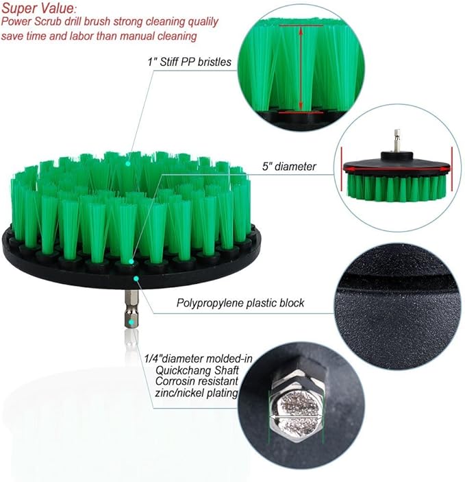 Drill Brush Soft Medium Stiff Bristle Powered Scrub Attachments Cleaning Kit for Bathroom Shower Grout Carpet Tires Boats Ceramic Marble Wheels Glass Carpets Upholstery (3''+5'')