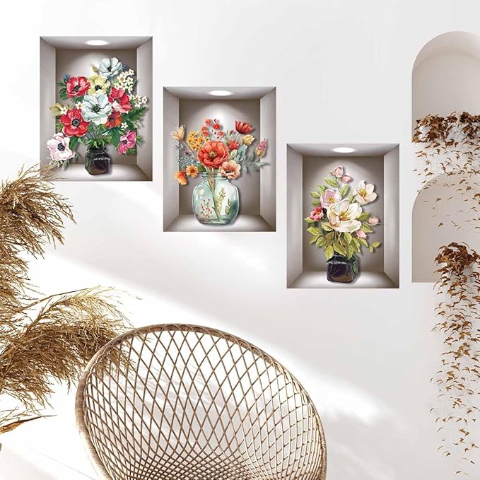 Supzone 3D Vase Wall Stickers - 3 Pcs Vintage Flower Wall Art, Colorful Floral Blossom Wall Decals, Self-Adhesive for Bedroom, Living Room, Sofa Backdrop, Yoga Room