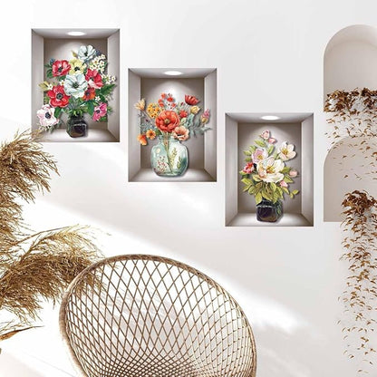 Supzone 3D Vase Wall Stickers - 3 Pcs Vintage Flower Wall Art, Colorful Floral Blossom Wall Decals, Self-Adhesive for Bedroom, Living Room, Sofa Backdrop, Yoga Room