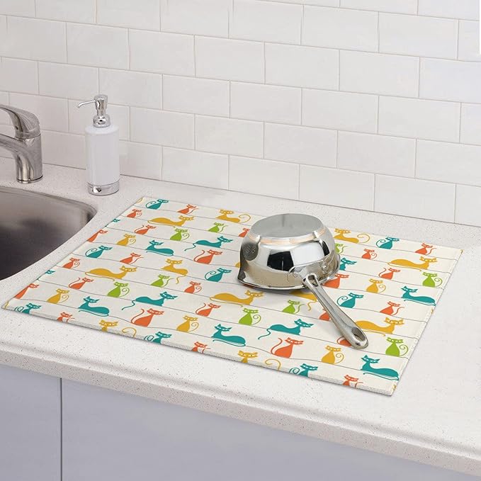 Mid Century Modern Cats Dish Drying Mat for Kitchen Counter Absorbent Reversible Cute Drying Pad Dark Kitchen Decor Dish Drainer Rack Mats 18"x24"