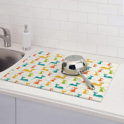 Mid Century Modern Cats Dish Drying Mat for Kitchen Counter Absorbent Reversible Cute Drying Pad Dark Kitchen Decor Dish Drainer Rack Mats 18"x24"