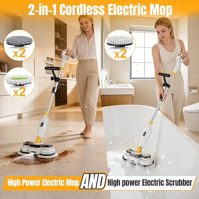 Cordless Electric Mop for Dewalt 20V Battery (NO Battery), 2 in 1 Automatic Spin Mop & Electric Floor Scrubber Machine with LED Light & Water Spray, 800 RPM Rotating Electric Mops for Floor Cleaning