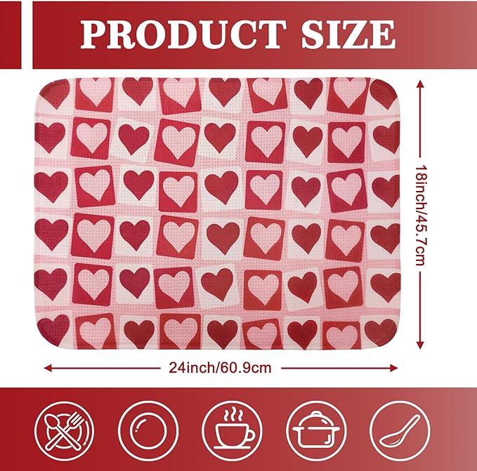 Valentine Dish Drying Mat, Ultra Absorbent Valentines Day Drying Mat for Kitchen Counter, Coffee Maker, 18 x 24 Inch