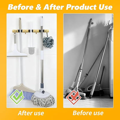 3 Racks and 4 Heavy Duty Hooks Mop and Broom Holder Wall Mount, Non-slip Organizer Storage Utility Tool Racks for Garage,Kitchen,Laundry Room,Garden. Gold