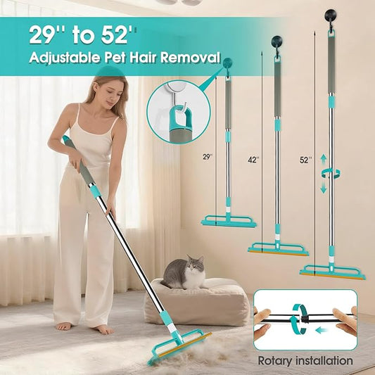 2-in-1 Carpet Rake for Pet Hair Removal, Silicone & Metal Dual-Sided Carpet Rake with 52” Telescopic Adjustable Long Handle, Pet Hair Remover Tool Kit for Rugs/Mats/Sofa Cat Dog Hair