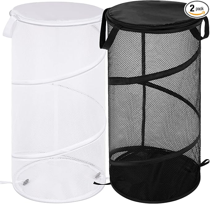 BATTOO 2 Pack Collapsible Laundry Basket with Lid Foldable Mesh Pop Up Hamper with Handles for Laundry Room, Bathroom, Kids Room, College Dorm, Travel, Storage Organizer Black+White
