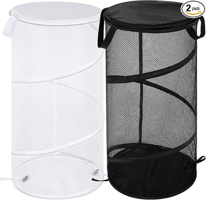 BATTOO 2 Pack Collapsible Laundry Basket with Lid Foldable Mesh Pop Up Hamper with Handles for Laundry Room, Bathroom, Kids Room, College Dorm, Travel, Storage Organizer Black+White