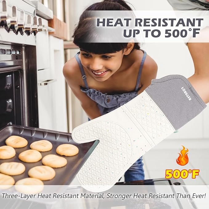 Extra Long Silicone Oven Mitts - Heat Resistant up to 500°F, 15'' Waterproof and Non-Slip Oven Gloves with Soft Quilted Liner - Perfect for BBQ, Cooking, Baking, and Grilling - 1 Pair, Light Grey