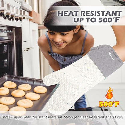 Extra Long Oven Mitts and Potholders 6Pcs Set, 500°F Heat Resistant Kitchen Oven Gloves 15'' Oven Mitts with Non-Slip Silicone Surface Soft Cotton Lining for Cooking, Baking and Grilling - Light Grey