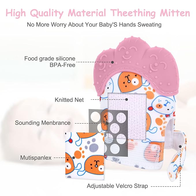 2Pack Silicone Teething Mitt, Soothing Infant Teething Mitten Pain Relief, Prevent Scratches Glove, Safe Silicone Teething Toys for 0-12 Months