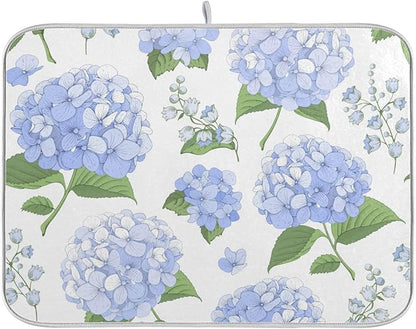 Blue Hydrangea Flowers Dish Drying Mat Super Absorbent Drying Mat Large Coffee Mat for Kitchen Counter Easy Clean Dish Mat Kitchen Drying Matt 18x24 inch