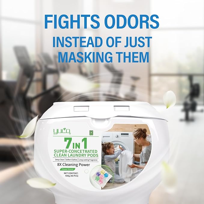 YUCO Laundry Pods Detergent 7-in-1 Super Cleaning PowerHypoallergenic & Ultra Concentrated Laundry Liquid Pods HE Compatible Washing Detergent with Long-Lasting Mixed Floral Fragrance 32 Loads