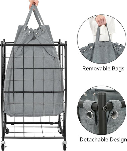 WOWLIVE Laundry Hamper with Wheels,Metal Wire Frame Rolling Laundry Basket with Removable bag,100L Dirty Clothes Hamper Organizer Dorm Room Storage for Bedroom,Bathroom,Grey