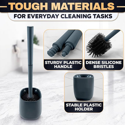 Toilet Brush and Holder Set - Silicone Toilet Brush Cleaner with Dark Grey Holder Base, Compact Accessory for Small Spaces - Easy to Place & Simple to Store After Use, Plastic Bathroom Cleaning Tool