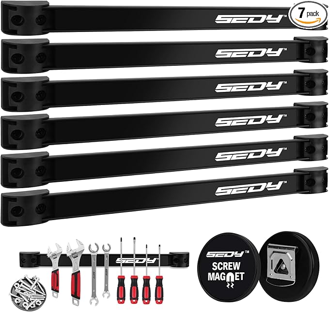 SEDY Magnetic Tool Holder Storage Organizer: 7-Piece Garage Wall Mount Rack Organization Strip Power Magnet Organizers Mounted Workbench Board Slatwall Van Hanger
