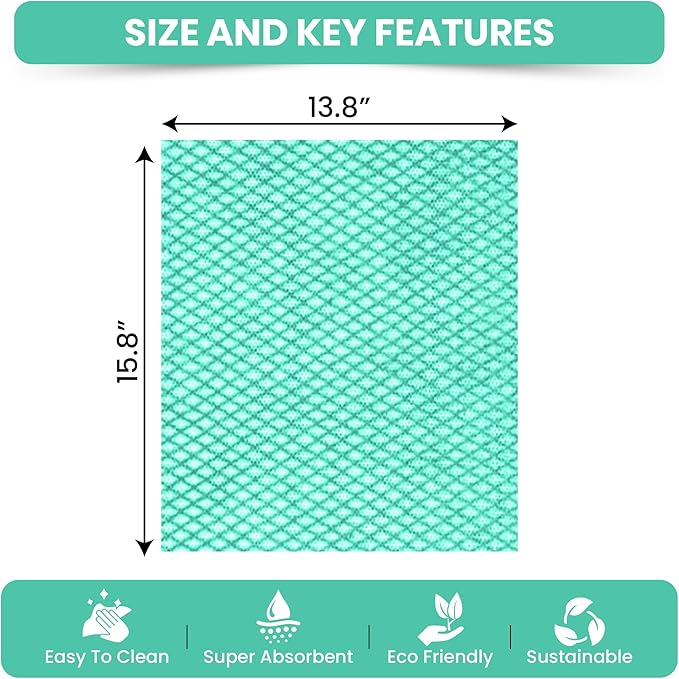 50 Count Disposable Cleaning Cloths, Green - 13.8"x15.8" Ultra Absorbent Towels for Kitchen, Stove & Bathroom - Multi-Purpose Soft Dish Cloths