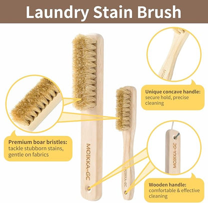 Wood Laundry Stain Brush Set (Large + Small) with Boar Bristles – Tough Stain Remover for Delicates, Cotton, Linens & Shoes, Laundry Scrub Brushes for Clean Fabric