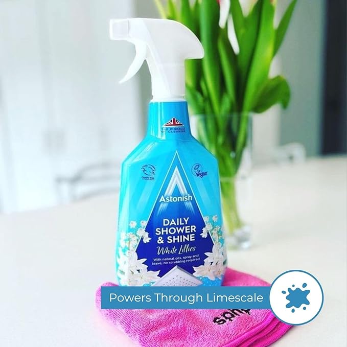 Astonish Daily Shower Shine White Lilies Cleaning Spray 3 Pack - No Scrub After Shower Spray Foam Prevents Watermarks & Buildup - Cruelty-Free Household Cleaning Products,750ml Spray Bottles