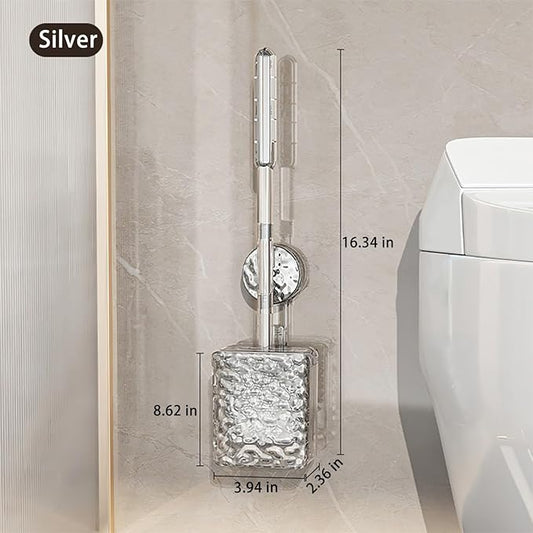 Silicone Toilet Brush with Holder Comes with Suction Cups Deep Cleaning Toilet Brush with Flexible Bristles Space Saving for Bathroom Modern Design Quick Drying Easy to Assemble Silver