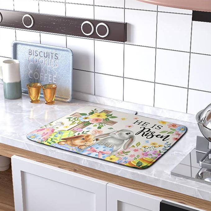 He is Risen Easter Dish Drying Mat for Kitchen Counter Bunny Floral Cross Dish Drainer Mats Spring Rabbit Flowers Egg Dish Drying Pads Absorbent Microfiber Reusable Dish Rack Mat 16x18 Inch
