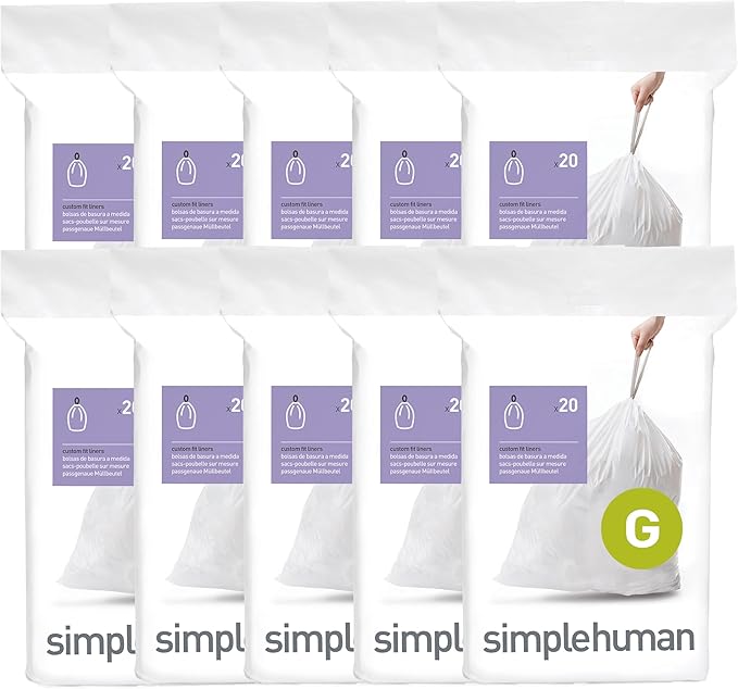 simplehuman Code G 200 Count, Dispenser Pack Custom Fit Liners, Drawstring Trash Bags, 30 Liter / 8 Gallon, White