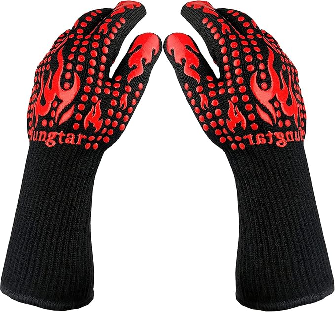 Turkey Fryer BBQ Heat Resistant Gloves, Cooking Gloves, Oven Gloves 1472℉,14Inch, Heat Resistant, Grill Gloves, Silicone Non-Slip Cooking Gloves for Cooking, Grilling, Baking, Welding, (Large, Red)