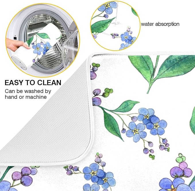 Blue Forget-me-not Flowers Dish Drying Mat for Kitchen Counter 16x18 inch Super Absorbent Drying Mat Large Dish Drying Mats for Kitchen Countertop Protector Dishes Pad