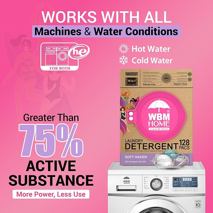 WBM Home Laundry Pods, Total 128 Count | Specially Designed for Undergarments With Soft Heaven Fragrance | Laundry Detergent Pods Formulated With Plant-Based Formula and Gentle Stain Remover