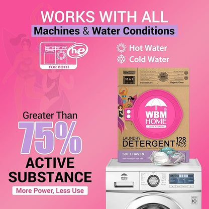 WBM Home Laundry Pods, Total 128 Count | Specially Designed for Undergarments With Soft Heaven Fragrance | Laundry Detergent Pods Formulated With Plant-Based Formula and Gentle Stain Remover